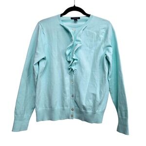 Lands' End Coastal Grandmother Mint Green Ruffle Front Preppy Cardigan Size M/P